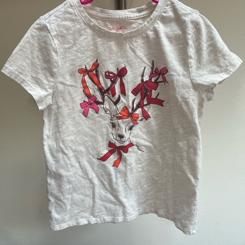 Cat & Jack White Tee with Pink and Red Deer Graphic